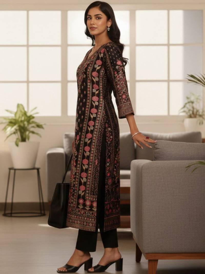 Women Ethnic Motifs Printed Regular Chanderi Silk Kurta with Trousers