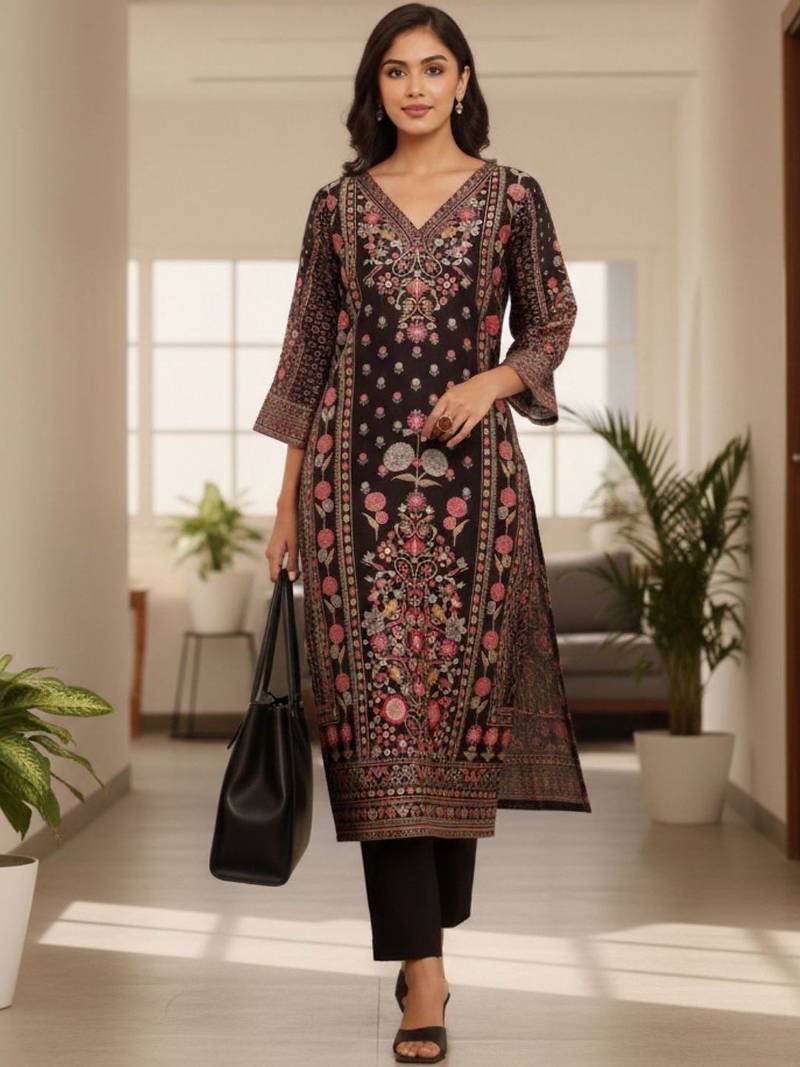 Women Ethnic Motifs Printed Regular Chanderi Silk Kurta with Trousers