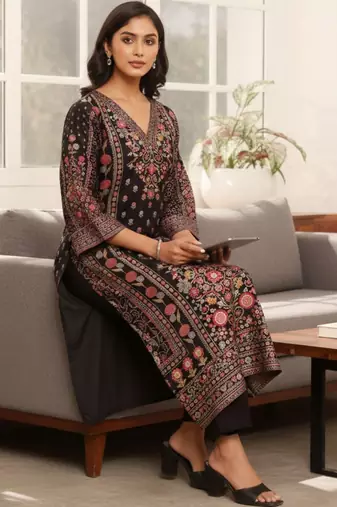 Women Ethnic Motifs Printed Regular Chanderi Silk Kurta with Trousers