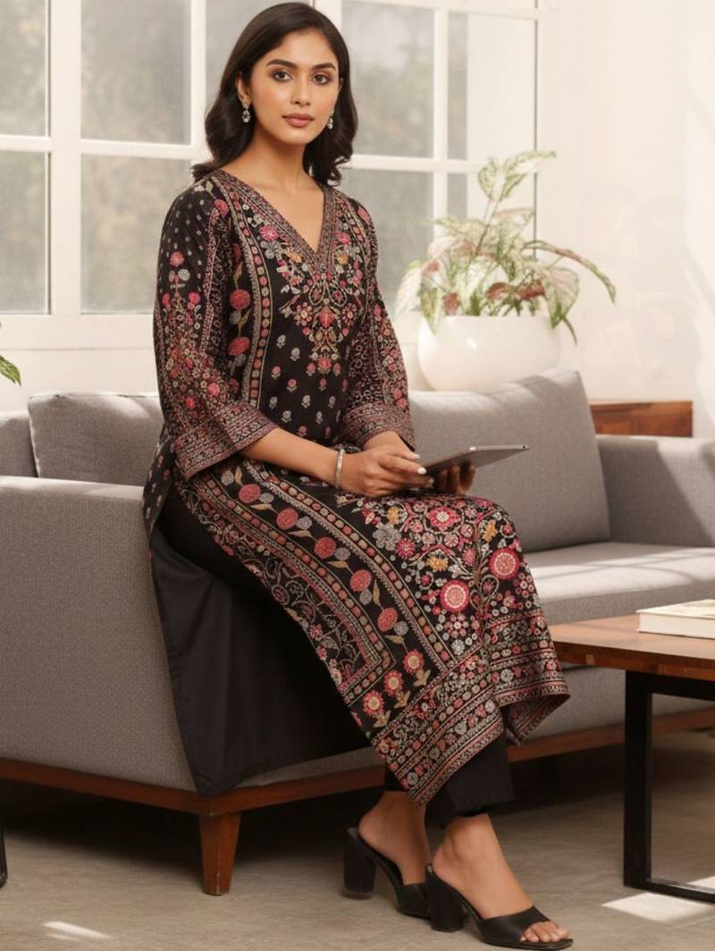 Women Ethnic Motifs Printed Regular Chanderi Silk Kurta with Trousers