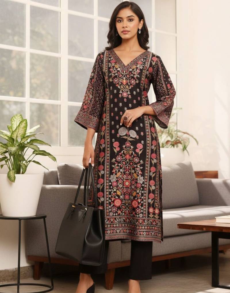 Women Ethnic Motifs Printed Regular Chanderi Silk Kurta with Trousers