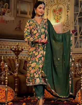 Mirror Embellished V-Neck Straight Kurta With Solid Bottom & Dupatta 1