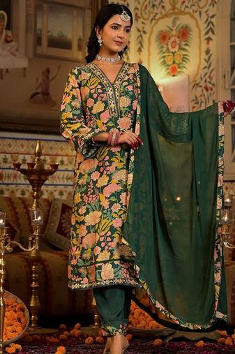 Mirror Embellished V-Neck Straight Kurta With Solid Bottom & Dupatta