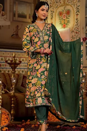 Mirror Embellished V-Neck Straight Kurta With Solid Bottom & Dupatta