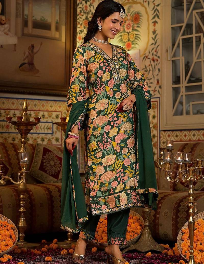 Mirror Embellished V-Neck Straight Kurta With Solid Bottom & Dupatta