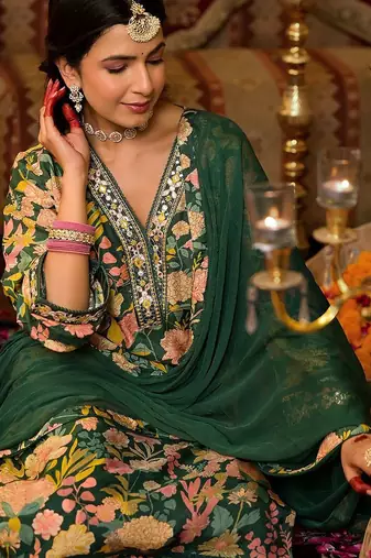 Mirror Embellished V-Neck Straight Kurta With Solid Bottom & Dupatta