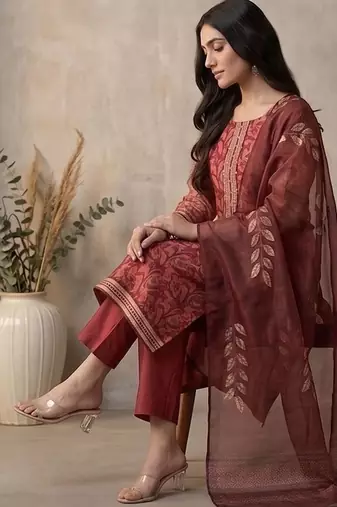 Women Ethnic Motifs Printed Regular Sequinned Kurta with Trousers & With Dupatta
