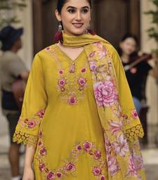 floral embroidered thread work  cotton straight kurta with trousers & dupatta