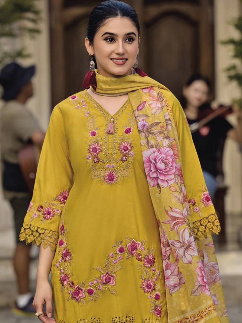 floral embroidered thread work  cotton straight kurta with trousers & dupatta