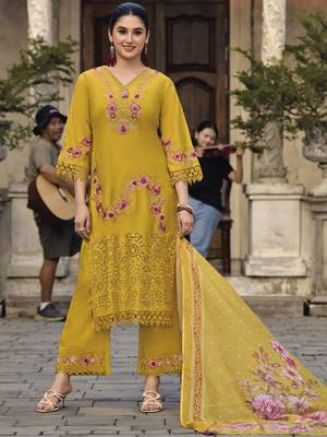 floral embroidered thread work  cotton straight kurta with trousers & dupatta 1