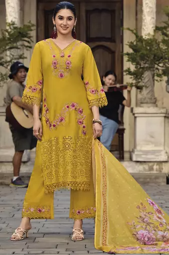 Floral Embroidered Thread Work Pure Cotton Straight Kurta With Trousers & Dupatta