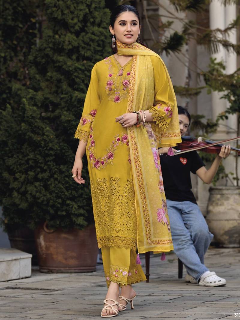 floral embroidered thread work  cotton straight kurta with trousers & dupatta