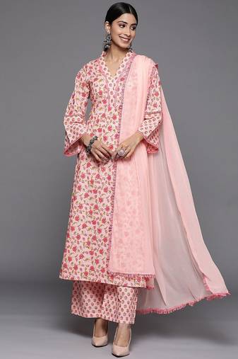 Women Floral Printed Pure Cotton Kurta Sets With Dupatta