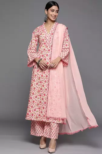 Women Floral Printed Pure Cotton Kurta Sets With Dupatta