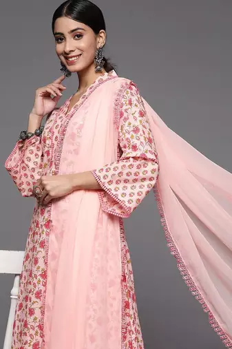 Women Floral Printed Pure Cotton Kurta Sets With Dupatta