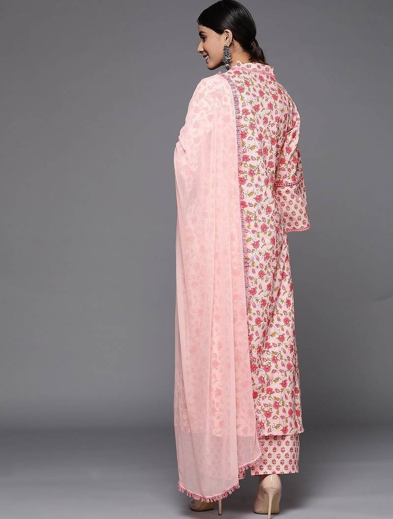 Women Floral Printed Pure Cotton Kurta Sets With Dupatta