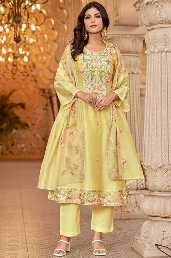 Floral Embroidered Chanderi Cotton Round Neck A-Line Kurta With Trousers & Dupatta