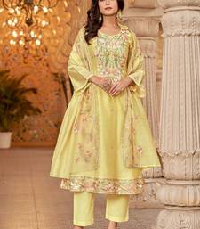 Floral Embroidered Chanderi Cotton Round Neck A-Line Kurta With Trousers & Dupatta