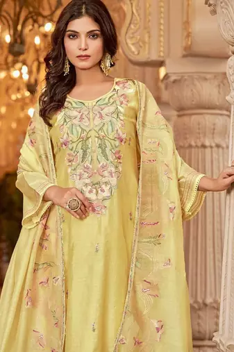 Floral Embroidered Chanderi Cotton Round Neck A-Line Kurta With Trousers & Dupatta