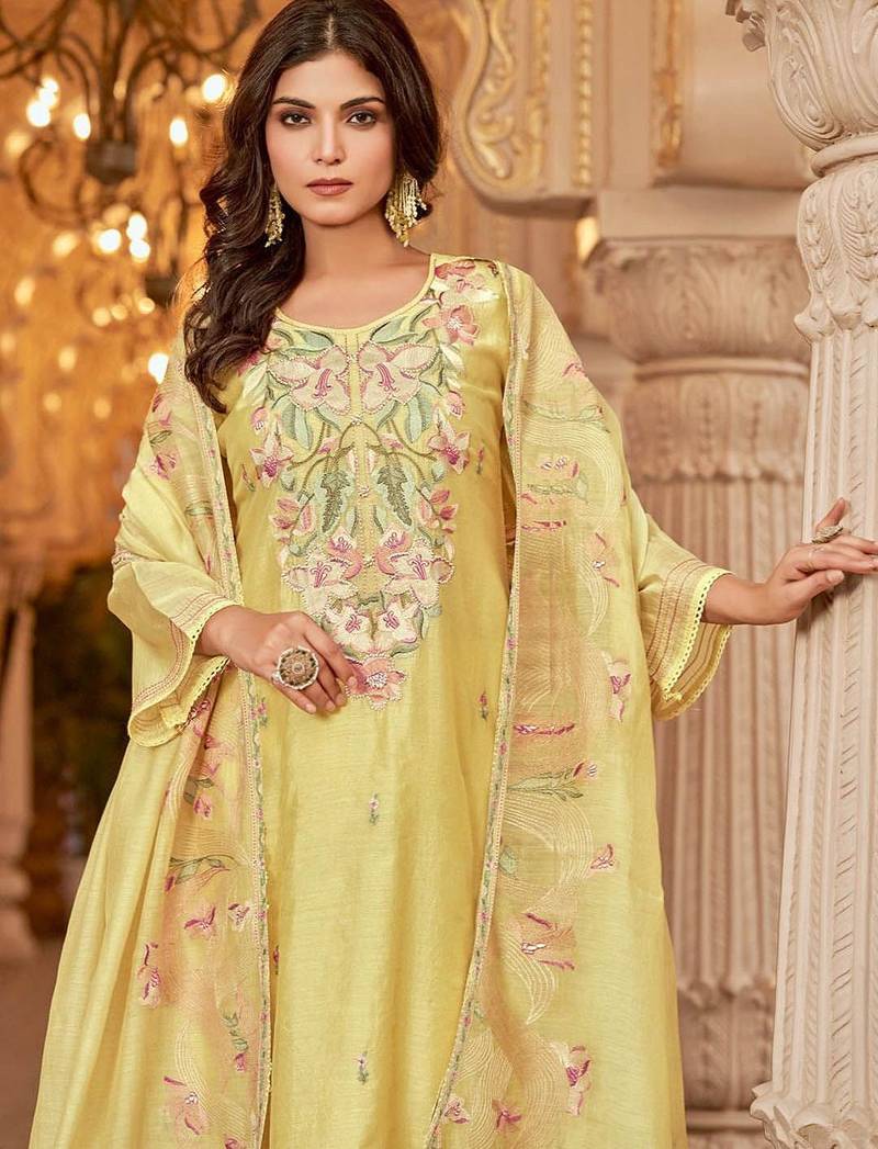 Floral Embroidered Chanderi Cotton Round Neck A-Line Kurta With Trousers & Dupatta