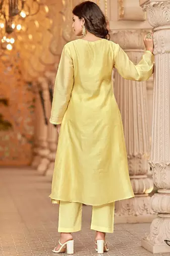 Floral Embroidered Chanderi Cotton Round Neck A-Line Kurta With Trousers & Dupatta