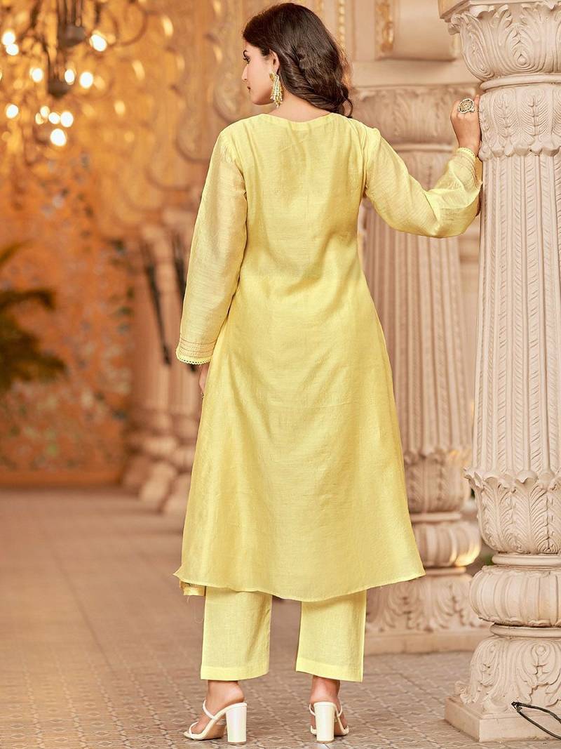 Floral Embroidered Chanderi Cotton Round Neck A-Line Kurta With Trousers & Dupatta