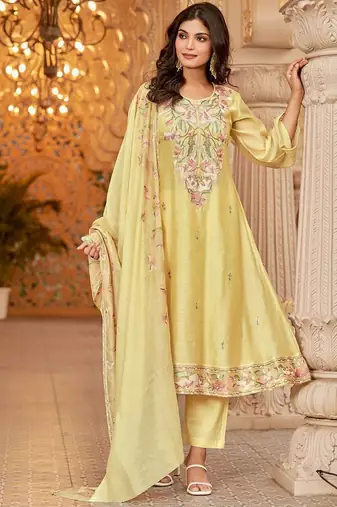 Floral Embroidered Chanderi Cotton Round Neck A-Line Kurta With Trousers & Dupatta