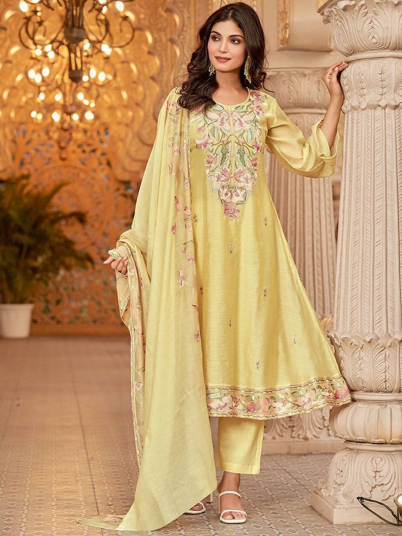 Floral Embroidered Chanderi Cotton Round Neck A-Line Kurta With Trousers & Dupatta