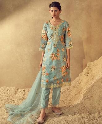 Sea Green Floral Printed Round Neck Kurta with Trousers & Dupatta 1