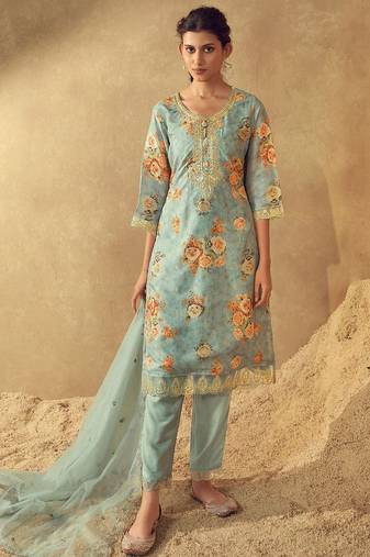 Sea Green Floral Printed Round Neck Kurta with Trousers & Dupatta