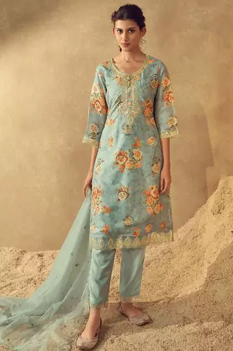 Sea Green Floral Printed Round Neck Kurta with Trousers & Dupatta