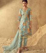 Sea Green Floral Printed Round Neck Kurta with Trousers & Dupatta