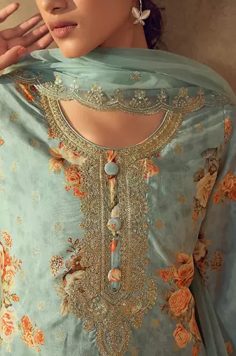 Sea Green Floral Printed Round Neck Kurta with Trousers & Dupatta