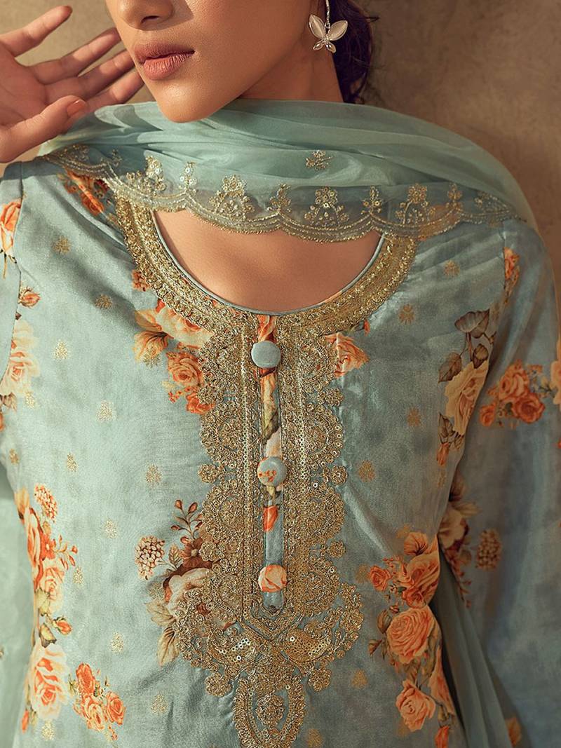 Sea Green Floral Printed Round Neck Kurta with Trousers & Dupatta