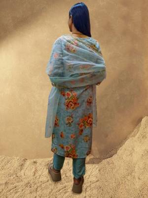 Sea Green Floral Printed Round Neck Kurta with Trousers & Dupatta 3