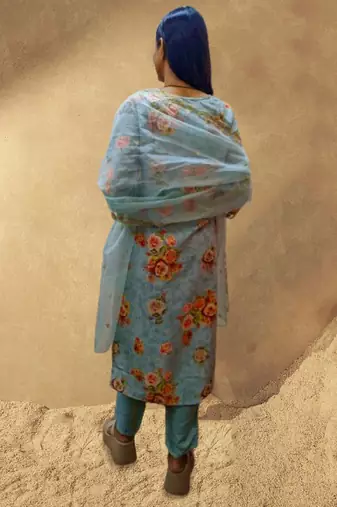 Sea Green Floral Printed Round Neck Kurta with Trousers & Dupatta