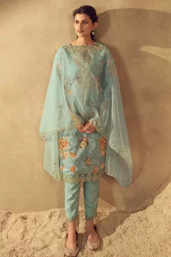 Sea Green Floral Printed Round Neck Kurta with Trousers & Dupatta