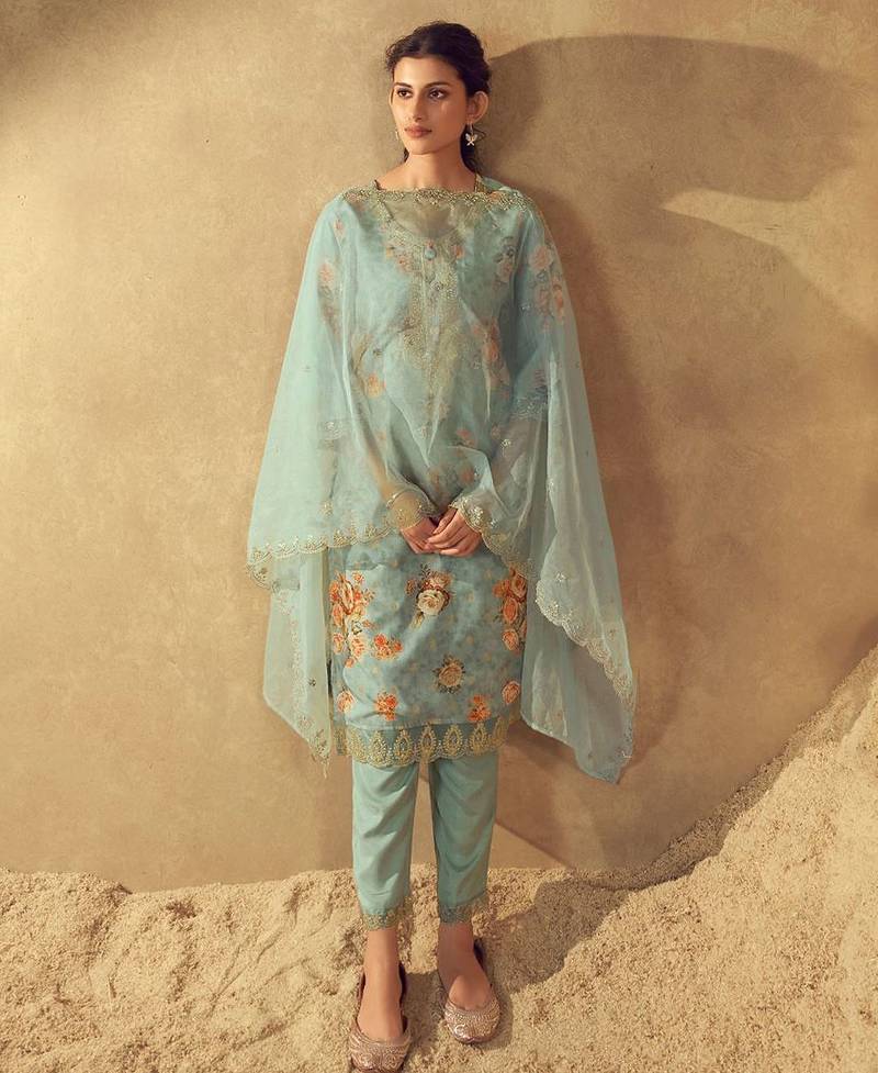 Sea Green Floral Printed Round Neck Kurta with Trousers & Dupatta