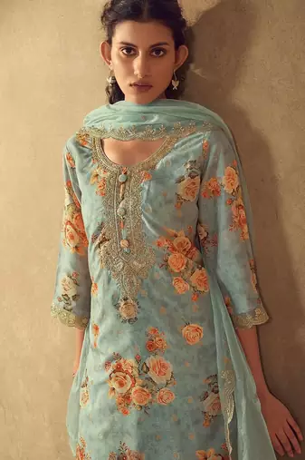 Sea Green Floral Printed Round Neck Kurta with Trousers & Dupatta
