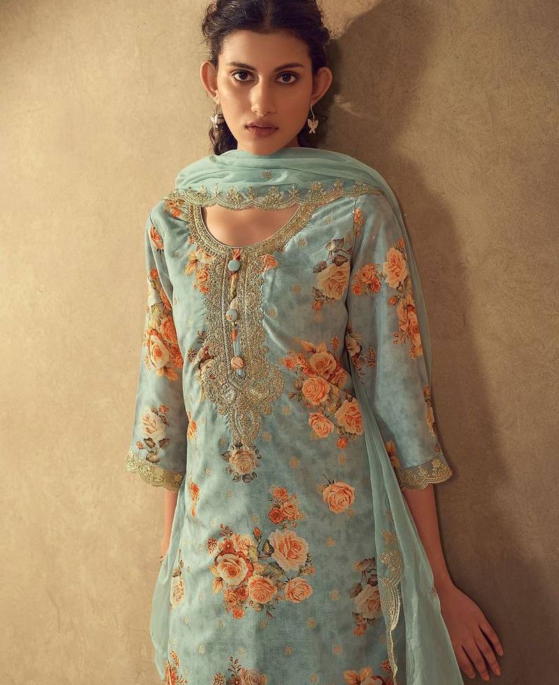 Sea Green Floral Printed Round Neck Kurta with Trousers & Dupatta