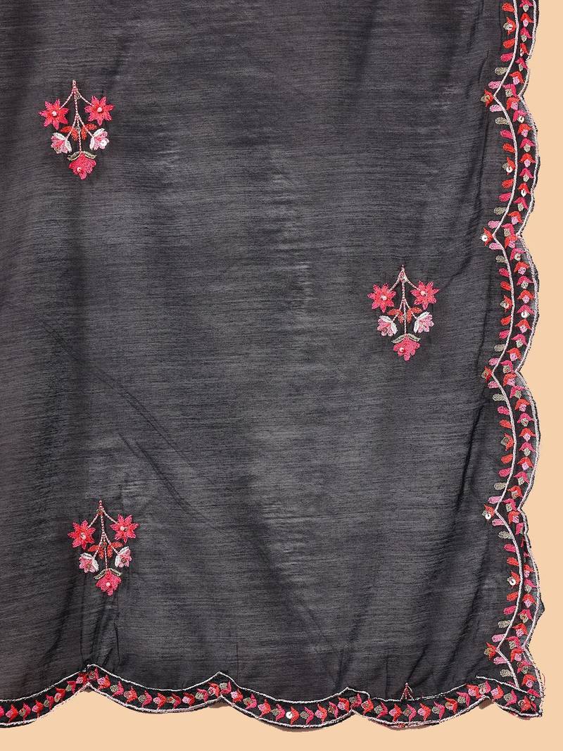 Floral Embroidered Thread Work Pure Cotton Straight Kurta with Trousers & Dupatta
