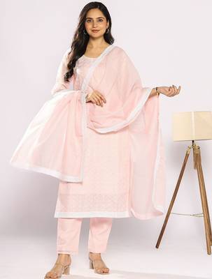 Floral Embroidered Thread Work Pure Cotton Kurta with Trousers & With Dupatta 1