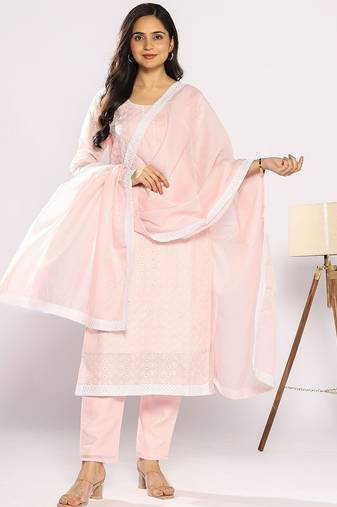 Floral Embroidered Thread Work Pure Cotton Kurta with Trousers & With Dupatta
