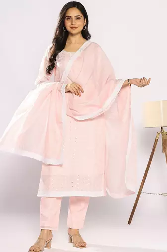 Floral Embroidered Thread Work Pure Cotton Kurta with Trousers & With Dupatta
