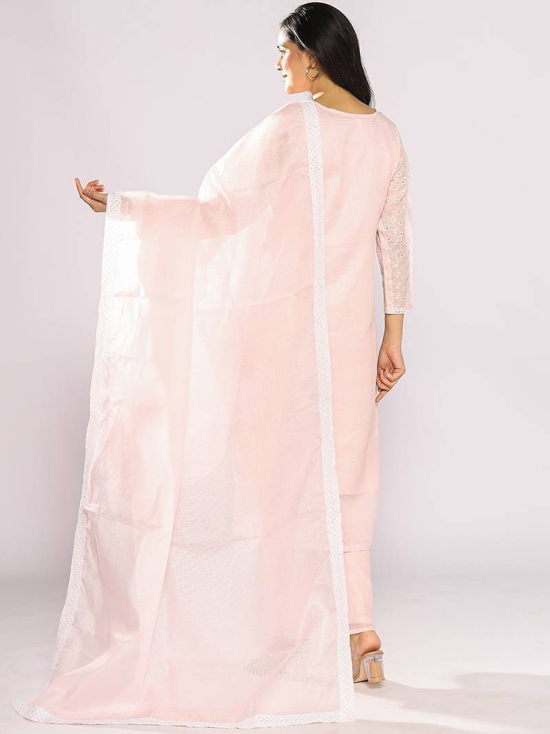 Floral Embroidered Thread Work Pure Cotton Kurta with Trousers & With Dupatta