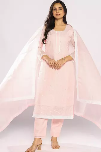 Floral Embroidered Thread Work Pure Cotton Kurta with Trousers & With Dupatta