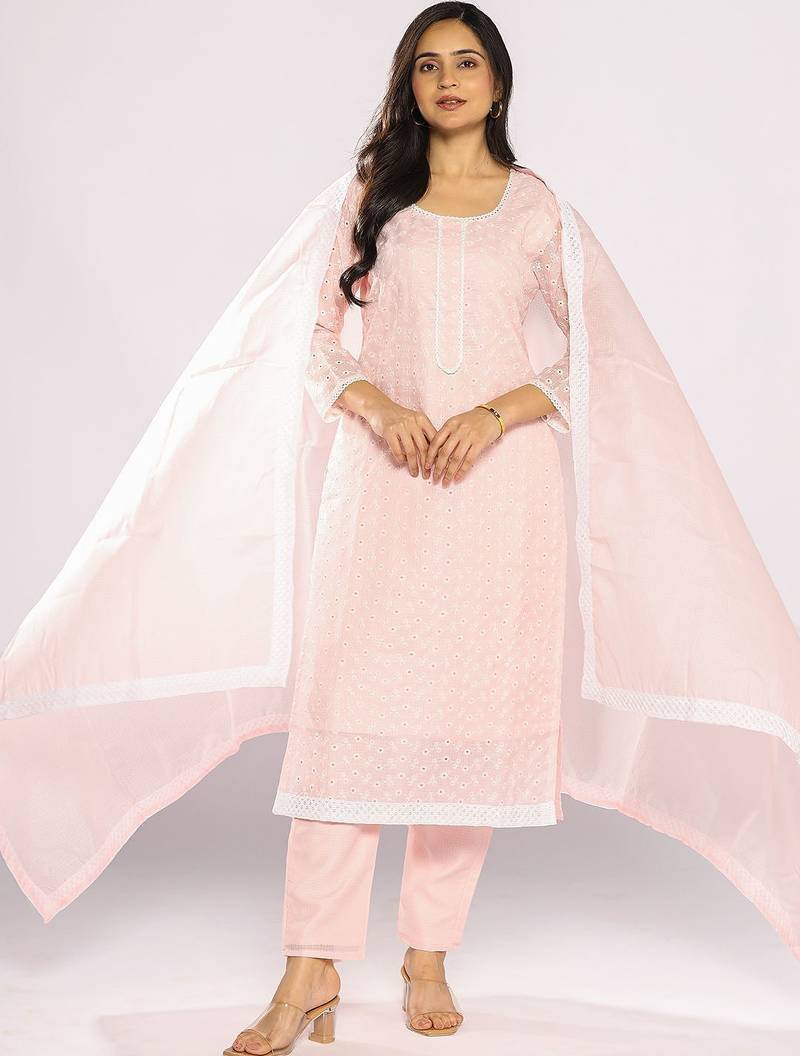 Floral Embroidered Thread Work Pure Cotton Kurta with Trousers & With Dupatta
