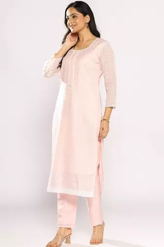 Floral Embroidered Thread Work Pure Cotton Kurta with Trousers & With Dupatta