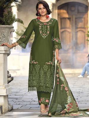 Floral Embroidered Thread Work Pure Cotton Straight Kurta With Trousers & Dupatta 1
