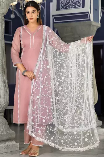 Floral Regular Thread Work Kurta with Trousers & Dupatta